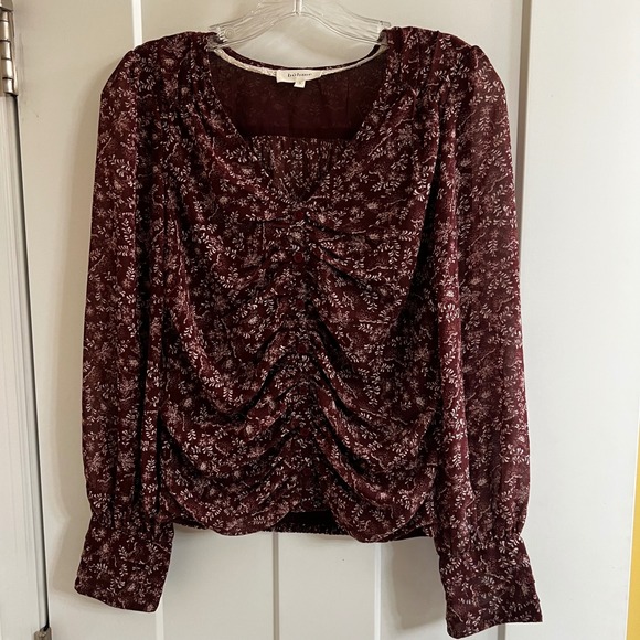 Bohme Floral Print Ruched Blouse Long Sleeve Top Womens Size S Burgundy - Picture 1 of 8
